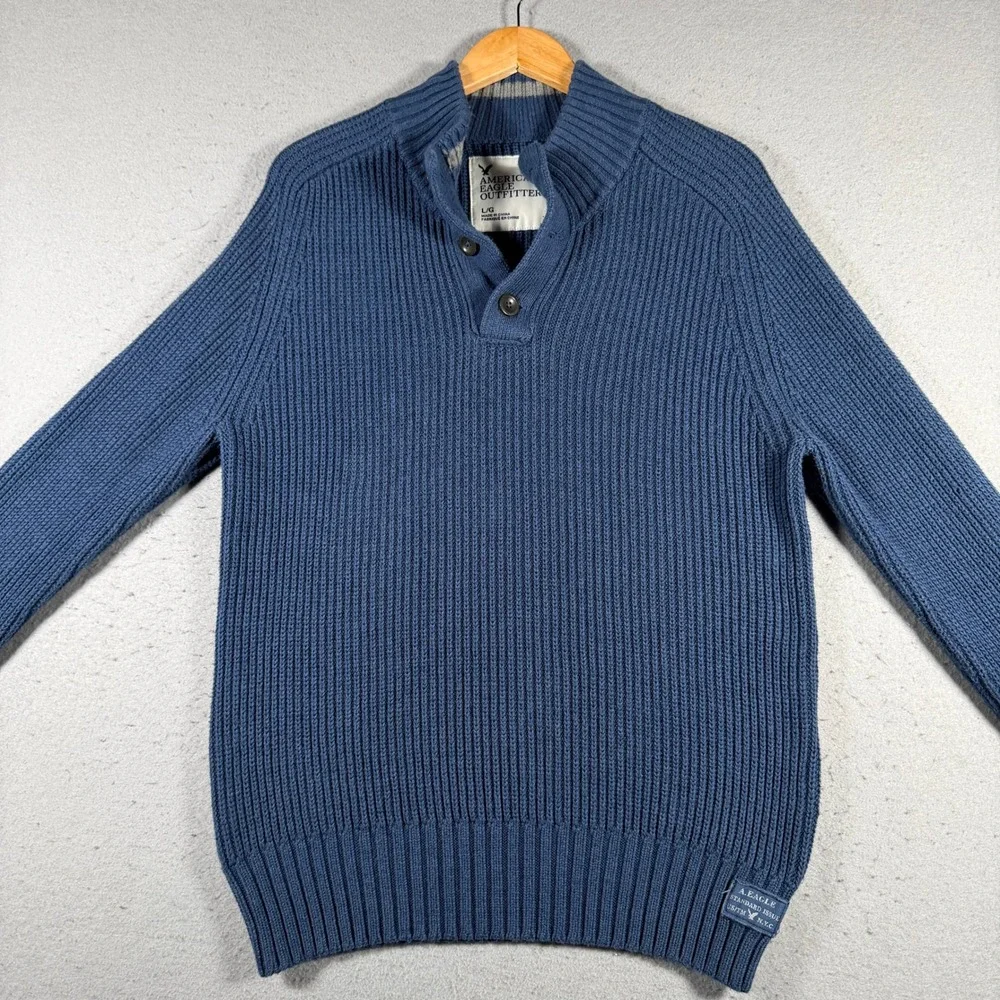 American Eagle Outfitters Men Blue Ribbed Mock‎ Neck Button Up Sweater Large